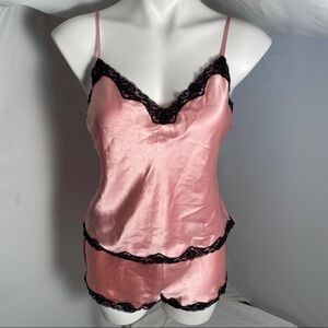 Victoria’s Secret pink satin and black lace cami panty set S